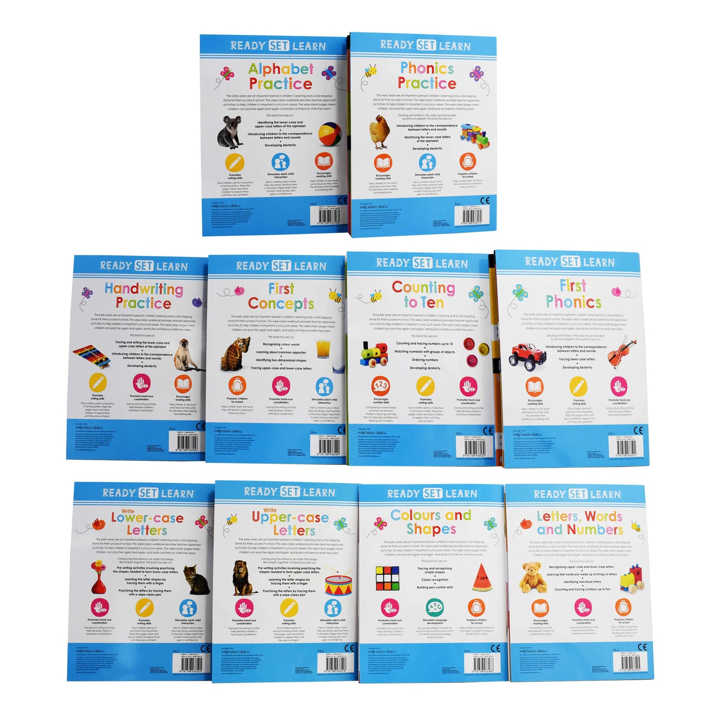 Ready Set Learn 10 Early Learning Wipe Clean Books Colours Shapes Numbers Phonics Handwriting Counting - Ages 3+ – Paperback