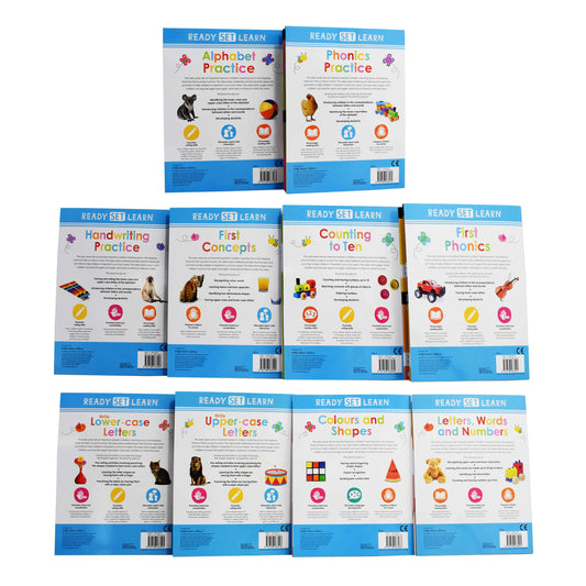 Ready Set Learn 10 Early Learning Wipe Clean Books Colours Shapes Numbers Phonics Handwriting Counting - Ages 3+ – Paperback