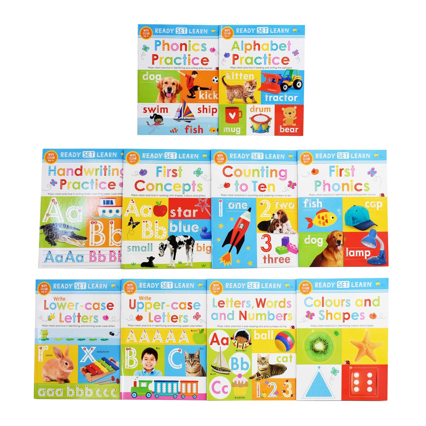Ready Set Learn 10 Early Learning Wipe Clean Books Colours Shapes Numbers Phonics Handwriting Counting - Ages 3+ – Paperback
