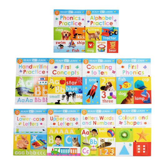 Ready Set Learn 10 Early Learning Wipe Clean Books Colours Shapes Numbers Phonics Handwriting Counting - Ages 3+ – Paperback